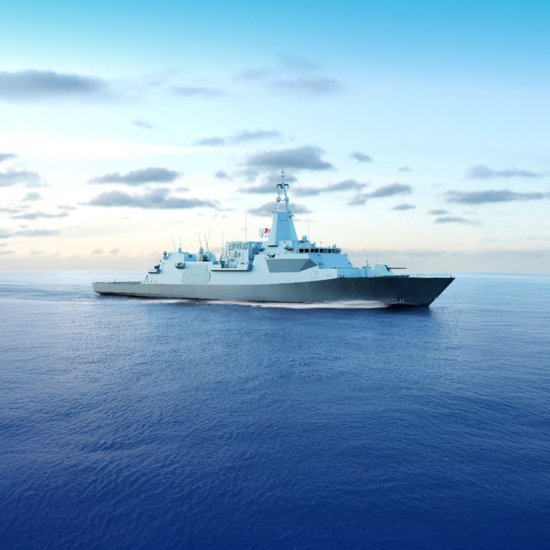 Naval warship sailing on calm blue sea under a clear gradient sky with scattered clouds