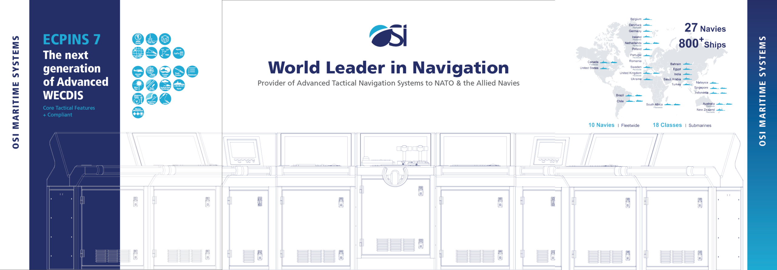 OSI banner: World Leader in Navigation with the OSI logo, subtitle, a world map with fleet icons, and a line-drawn ship bridge.