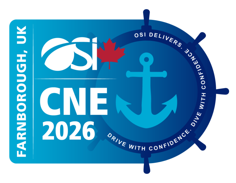 Blue conference badge for OSI/DLIVERS conference CNE 2026 featuring an anchor motif and maple leaf emblem; reads 'OSI DELIVERS' and 'CNE 2026' on a rounded badge layout.