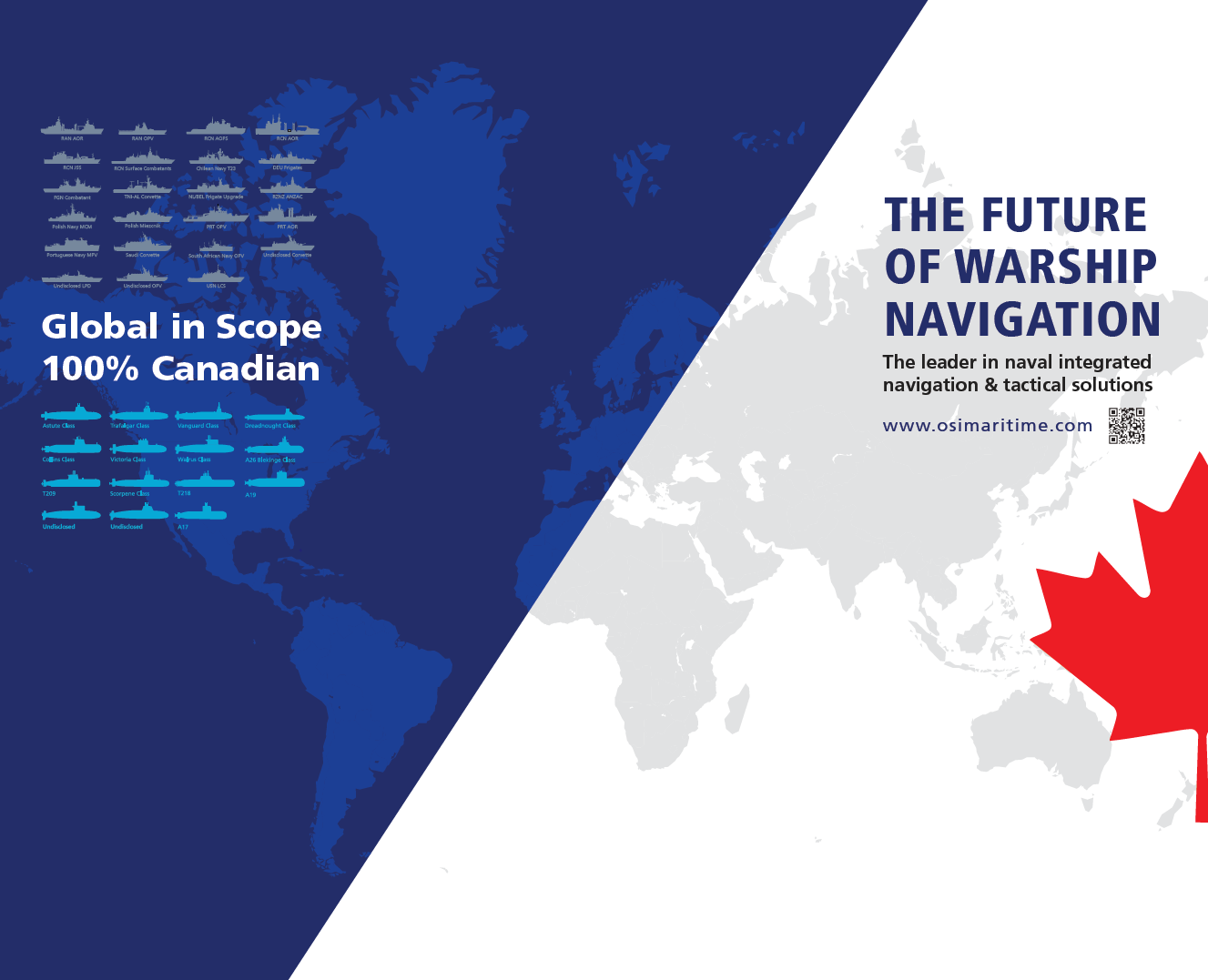 Split blue/white hero banner: left shows a world map with small ship icons and 'Global In Scope 100% Canadian'; right shows a map with the slogan 'The Future of Warship Navigation' and a red maple motif.